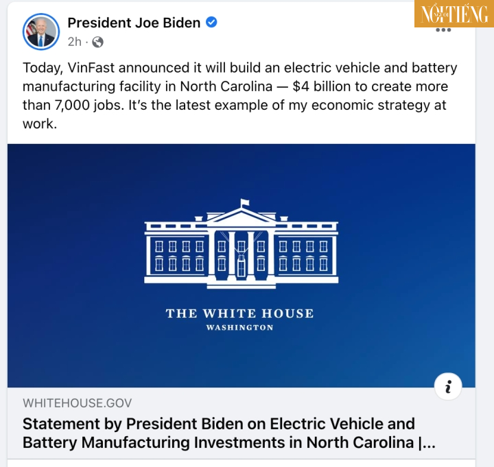 Facebook của Tổng thống Biden chào đón Vinfast đầu tư nhà máy xe điện ở Mỹ - 1
