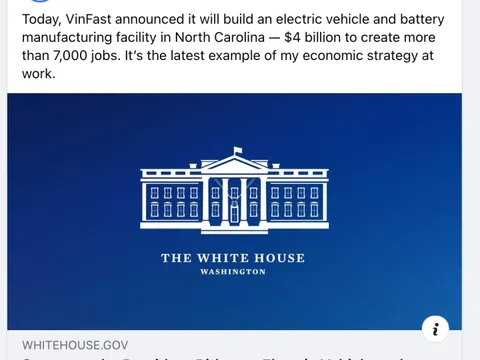 Facebook của Tổng thống Biden chào đón Vinfast đầu tư nhà máy xe điện ở Mỹ